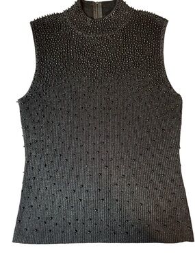 VTG Christine Phillipe Beaded Metallic Knit Mock Neck Shell Top - Black Lurex L